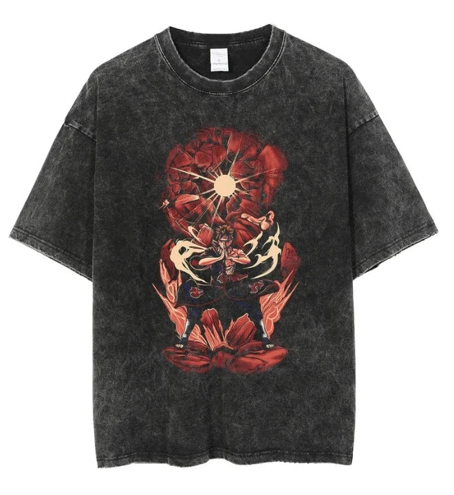 A retro washed Uchiha Sasuke T-shirt featuring a high-quality anime graphic print, designed as oversized cotton streetwear for men and women.