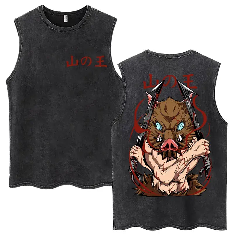 A washed retro Zenitsu Demon Slayer Tank Top featuring Agatsuma Zenitsu manga art, sleeveless cotton summer streetwear for men and women.
