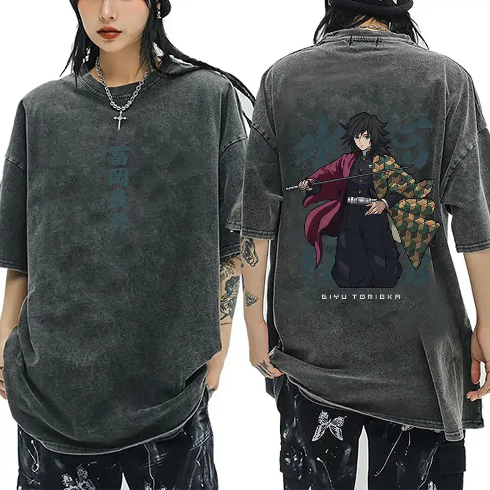 A washed black Demon Slayer Vintage T-Shirt made of 100% cotton, featuring an oversized cartoon anime graphic for men and women.