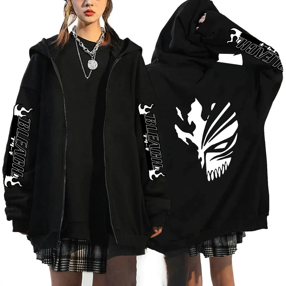 A casual loose Bleach Ichigo Zip Up Hoodie featuring a Kurosaki Ichigo anime print, designed as a unisex Harajuku zipper jacket for men and women.