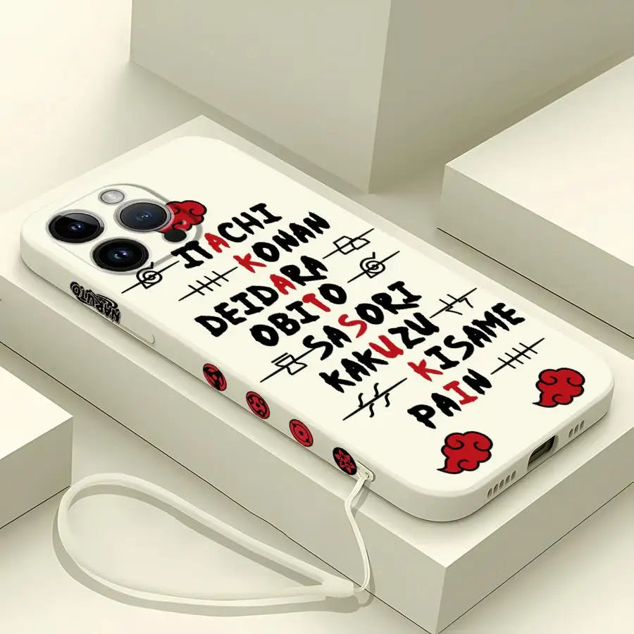 A black Akatsuki Cloud Phone Case featuring the red cloud symbol pattern, compatible with Apple iPhone 16, 15, 14 Pro Max, and 13.