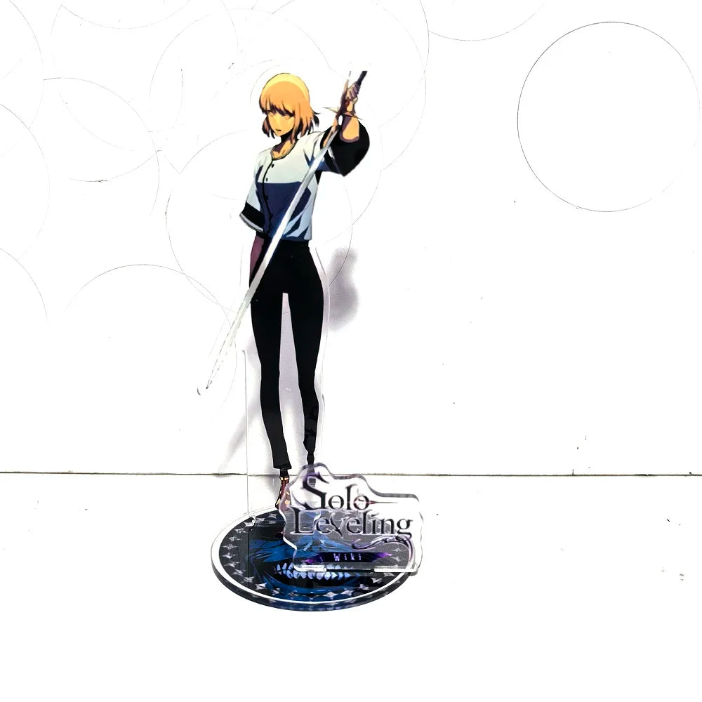 A high-definition 15cm Solo Leveling Acrylic Stand featuring Sung Jinwoo, Sung Jin Ah, and Yoo Jin Ho anime action figures for desk decoration.