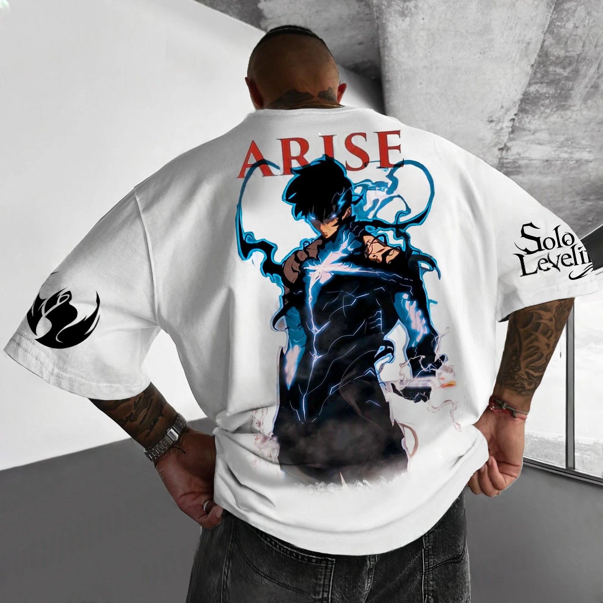 A high-quality Solo Leveling Authorized T-Shirt made of cotton, featuring a retro Y2K anime graphic of Sung Jinwoo, perfect for gamers and street style.