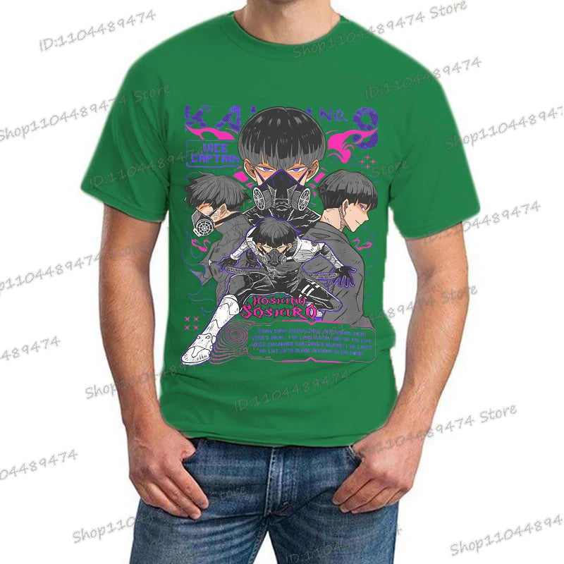 A trendy Y2K Anime Kaiju No 8 T-shirt with a creative Soshiro Hoshina print for men and women.