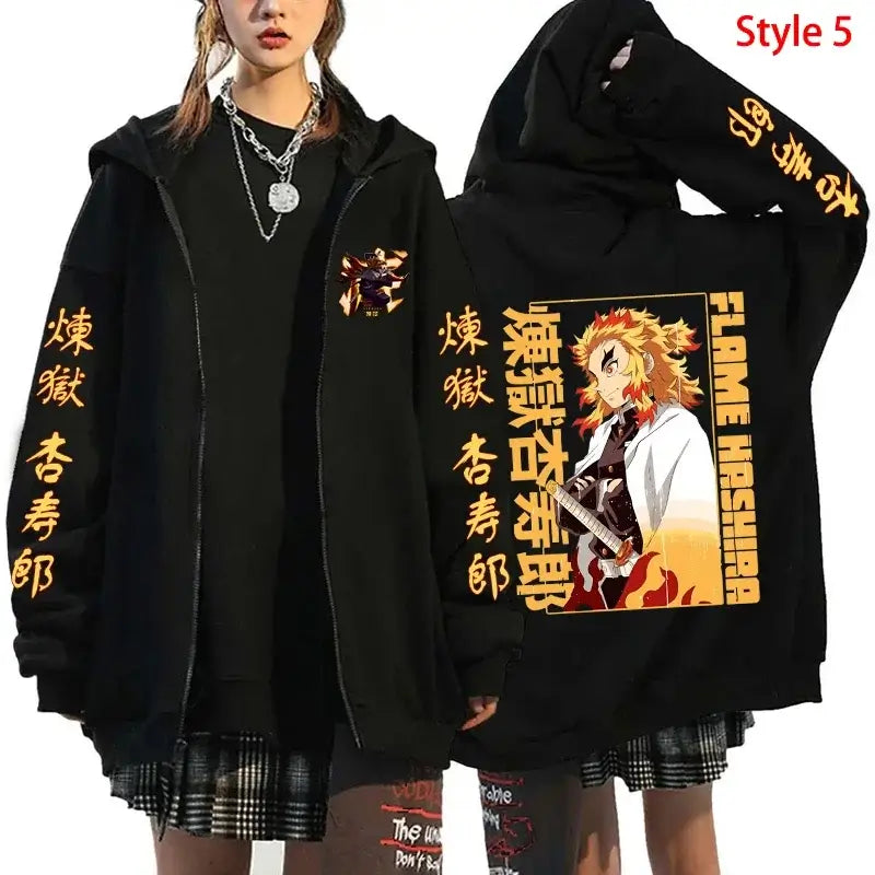 A stylish Rengoku Zipper Hoodie featuring Kyoujurou anime graphics, designed as a casual autumn jacket for men and women.