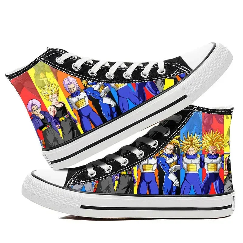 Trendy Dragon Ball High Top Canvas Shoes featuring Goku and Vegeta animation art, breathable flat sneakers for students and fans.