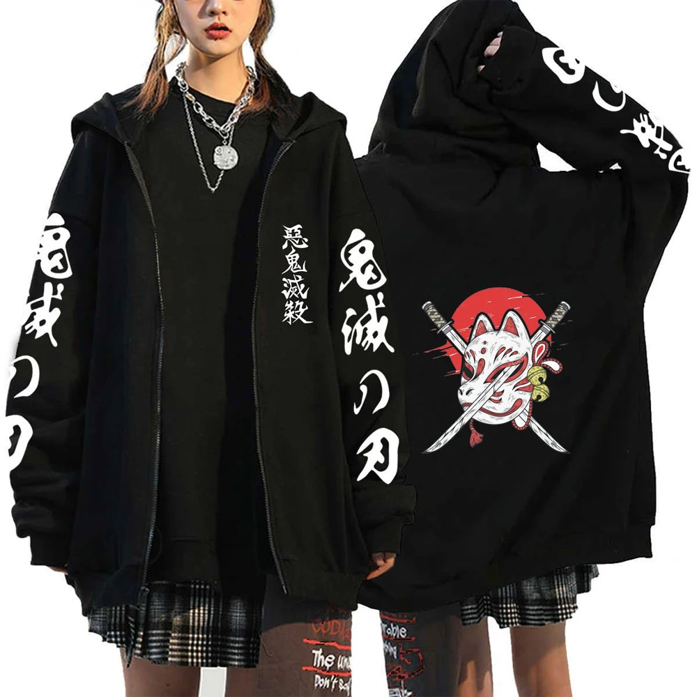 A Y2K style Demon Slayer Zip Up Hoodie featuring a Nezuko Kamado graphic, unisex hip hop streetwear for men and women.
