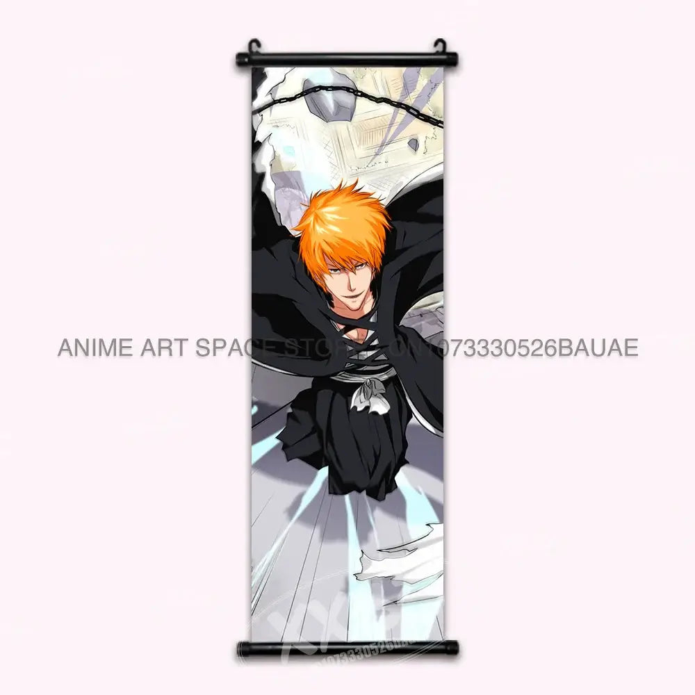 High-quality Bleach Anime Posters Japanese hanging scroll featuring Kurosaki Ichigo and Kuchiki Rukia printed on durable canvas for home decor.