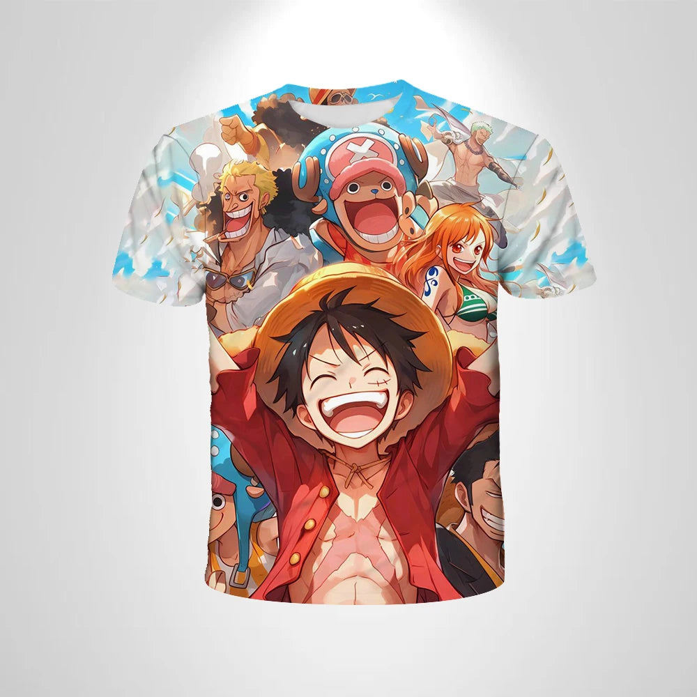 A loose-fit One Piece Luffy T-shirt featuring a cool cartoon Monkey D. Luffy graphic, designed for boys and men as casual anime streetwear.