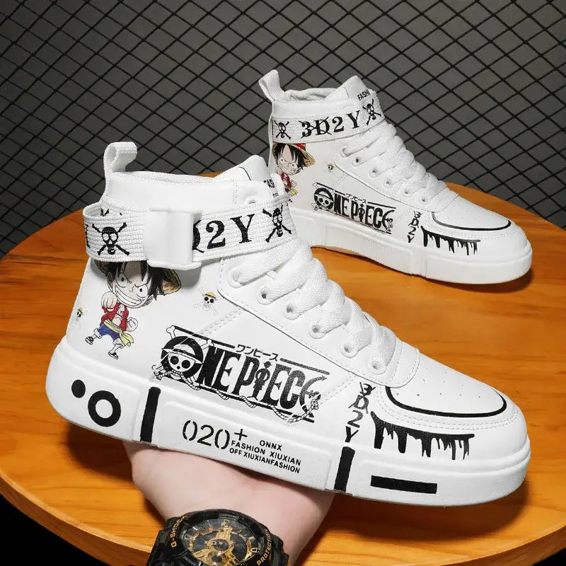 A pair of Anime One Piece Luffy High Top Shoes featuring Roronoa Zoro, designed as breathable, non-slip leisure sports sneakers for men and women.