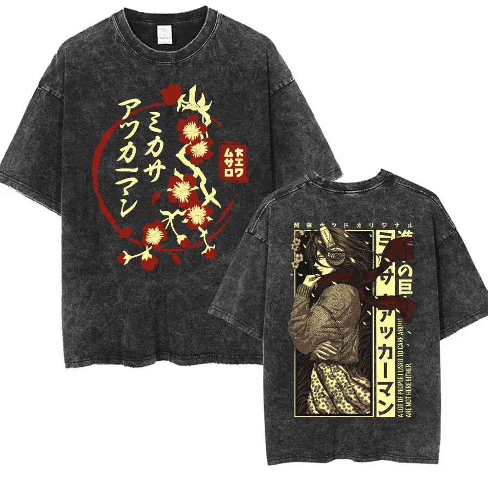 An oversized Attack on Titan Washed T-shirt featuring a vintage Levi Ackerman graphic, a stylish streetwear item for men and women.