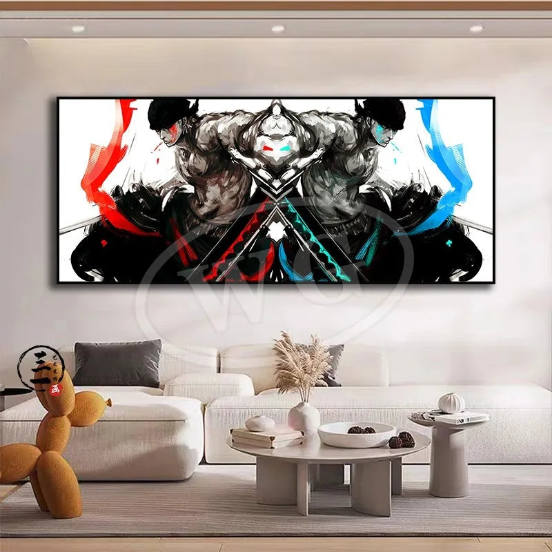 A high-quality One Piece decorative painting featuring Monkey D. Luffy, Roronoa Zoro, and Portgas D. Ace as a sofa background wall hanging.