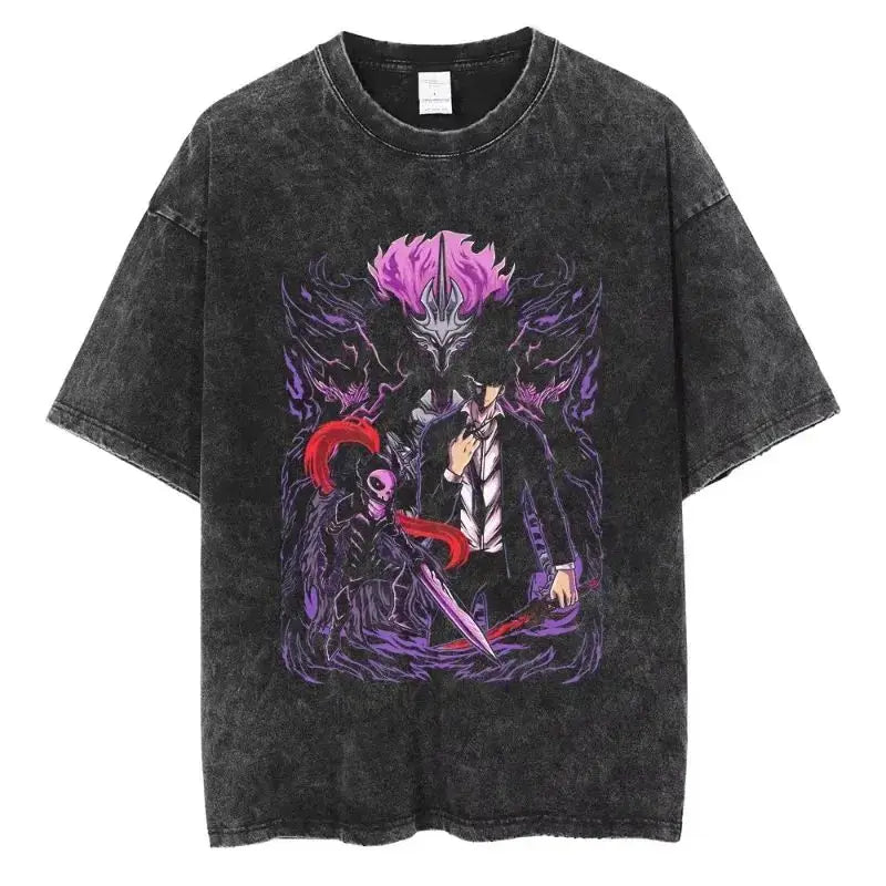 A hot unisex and plus size Solo Leveling Sung Jin-Woo Printed T Shirt in a washed cotton Harajuku style.