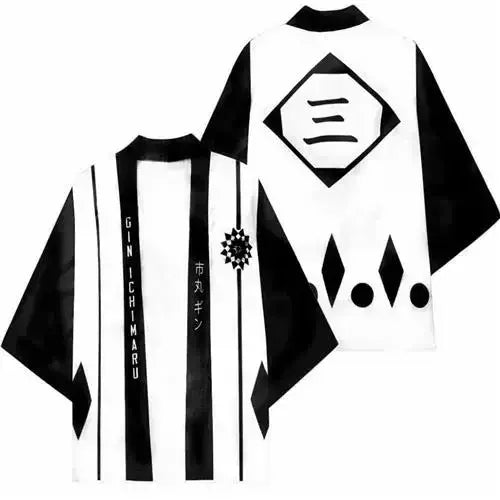 A stylish Bleach Cosplay Kimono cardigan featuring Kurosaki Ichigo and Kenpachi Zaraki designs, functioning as a Haori cloak for parties and cosplay.