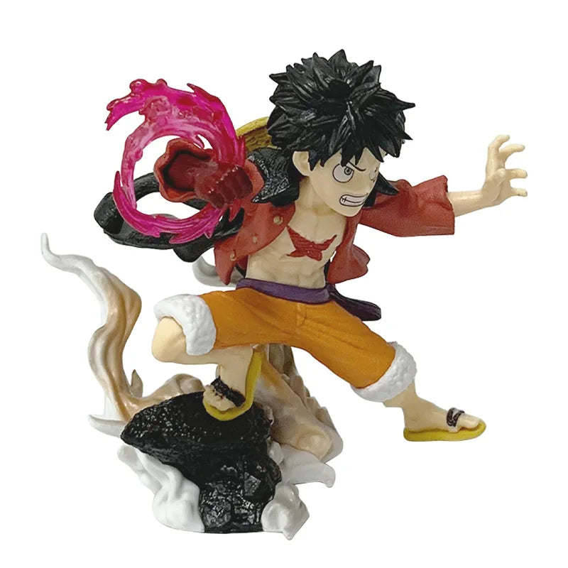 A 10cm One Piece Luffy Figures statue featuring Monkey D. Luffy with a Flowing Cherry Blossom Sakura theme, made of PVC for anime collections.