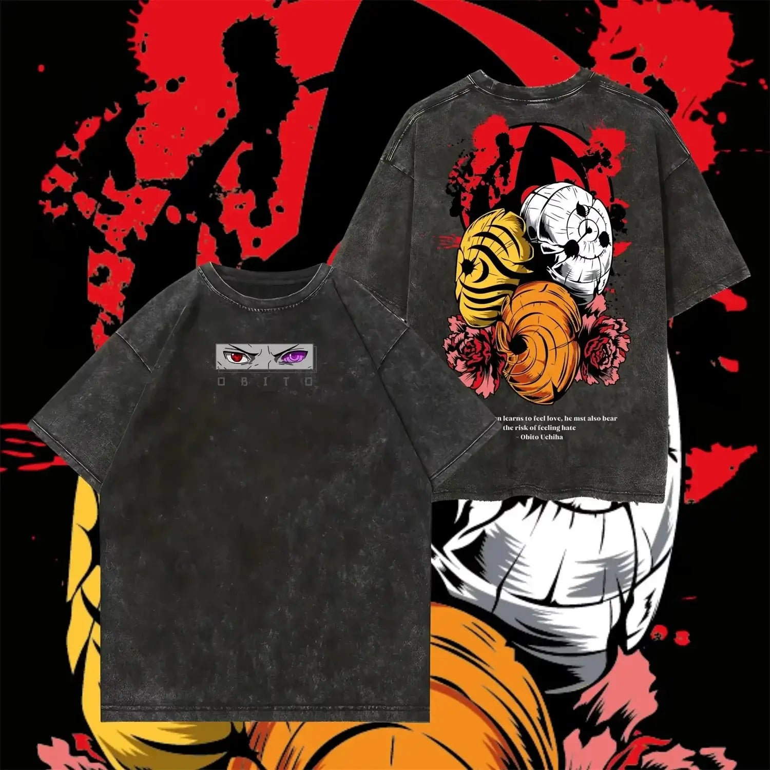 A washed black Obito Uchiha T-shirt made of cotton, featuring manga graphic art and an oversized Y2K streetwear fit for men and women.