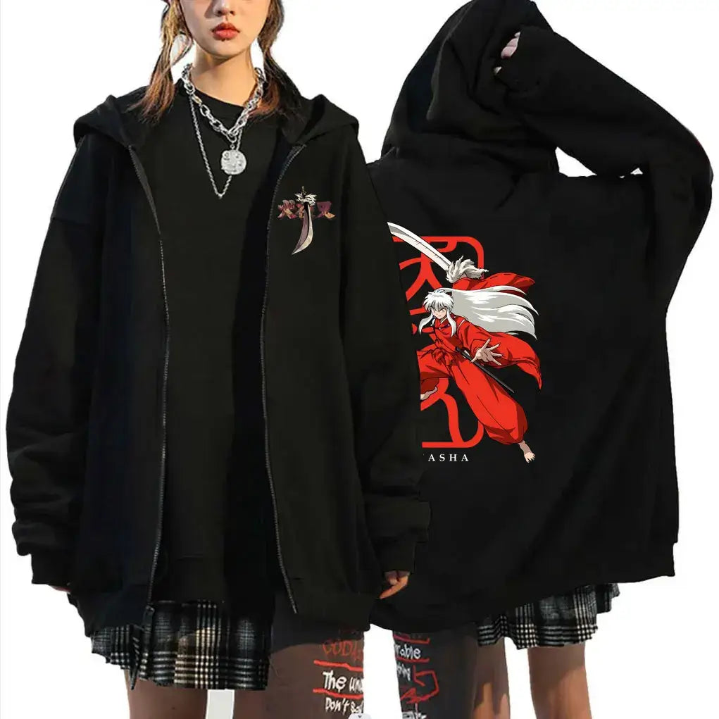 A unisex Japanese Anime Inuyasha Graphic Zipper Hoodie, an oversized fashion jacket coat for men and women.