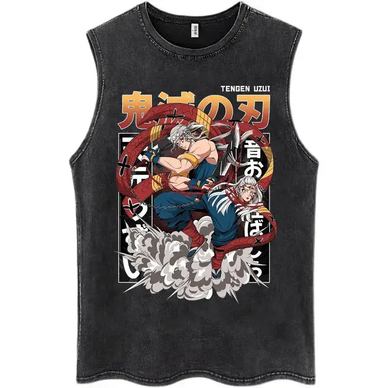 A washed retro Zenitsu Demon Slayer Tank Top featuring Agatsuma Zenitsu manga art, sleeveless cotton summer streetwear for men and women.