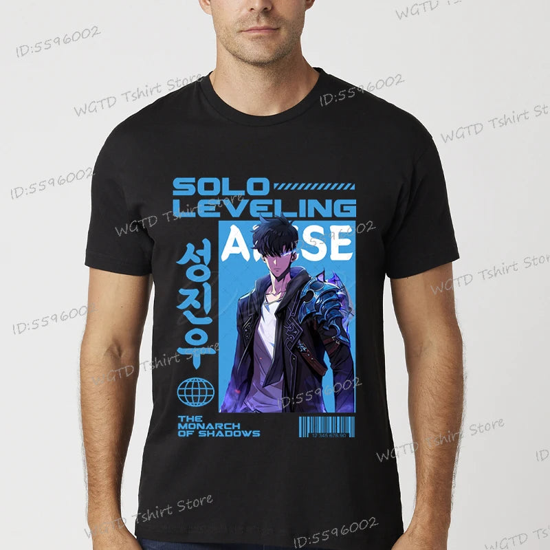 A vintage black Solo Leveling Anime T-Shirt featuring a funny Sung Jinwoo graphic print, available in sizes S to 4XL for men and women.