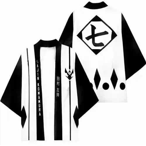 A stylish Bleach Cosplay Kimono cardigan featuring Kurosaki Ichigo and Kenpachi Zaraki designs, functioning as a Haori cloak for parties and cosplay.