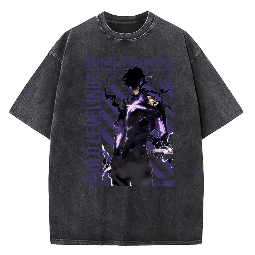 A vintage-style Solo Leveling Vintage T-shirt made of washed black cotton featuring a Sung Jinwoo graphic print, designed as Harajuku streetwear.