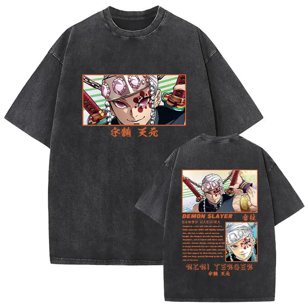 A vintage washed Demon Slayer Daki Graphic T-shirt with a cherry blossom design, an oversized casual cotton tee for men and women.