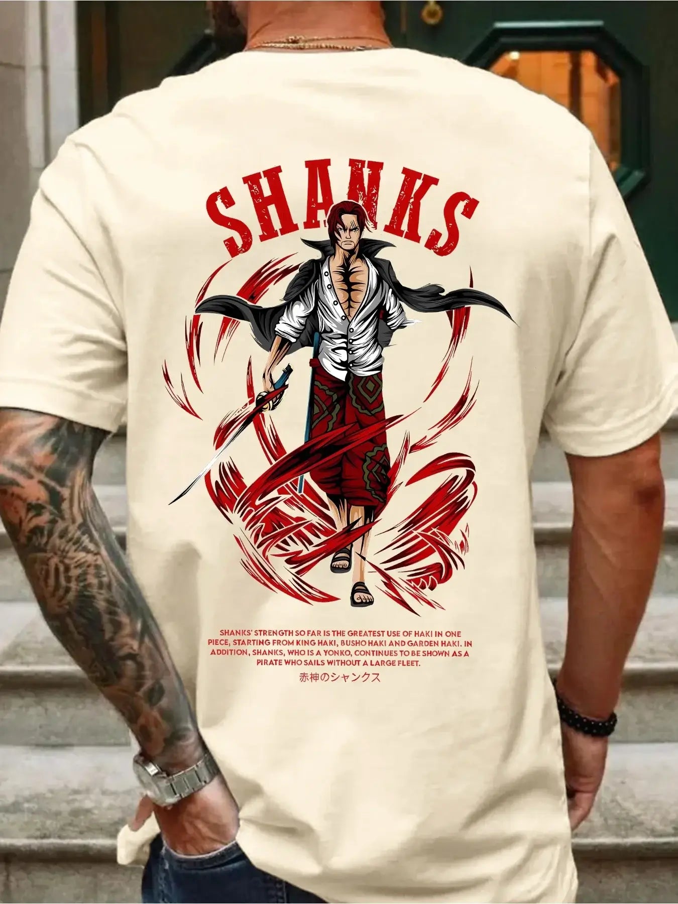 A retro, oversized One Piece Shanks Summer T-shirt in comfortable cotton, suitable for men and women's street and leisure wear.