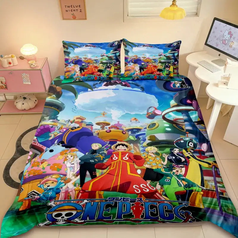 A comfortable Duvet Cover One Piece cartoon bedding set, showing the Straw Hat Pirates, an ideal holiday gift for friends and children.