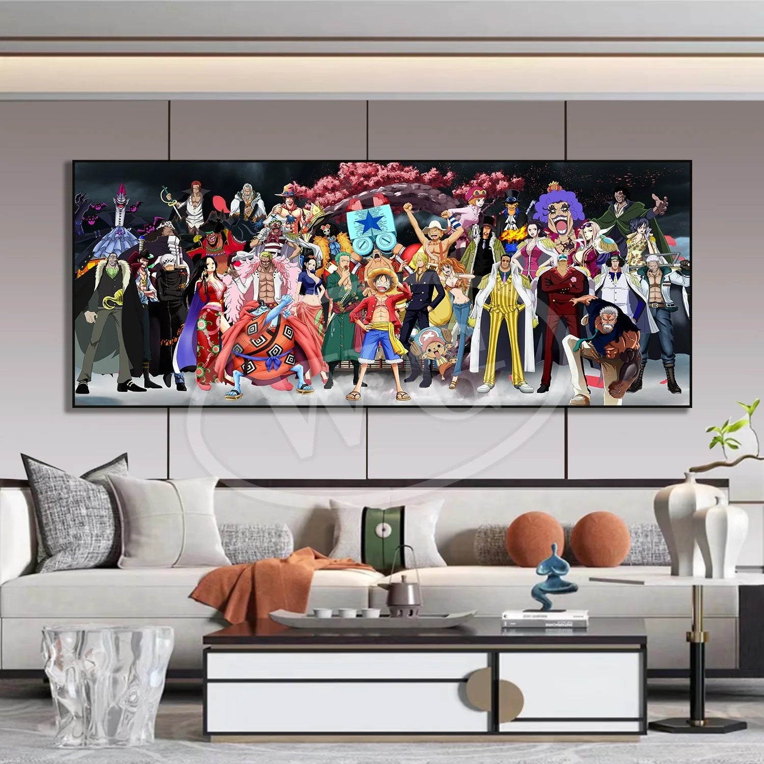 A high-quality One Piece decorative painting featuring Monkey D. Luffy, Roronoa Zoro, and Portgas D. Ace as a sofa background wall hanging.
