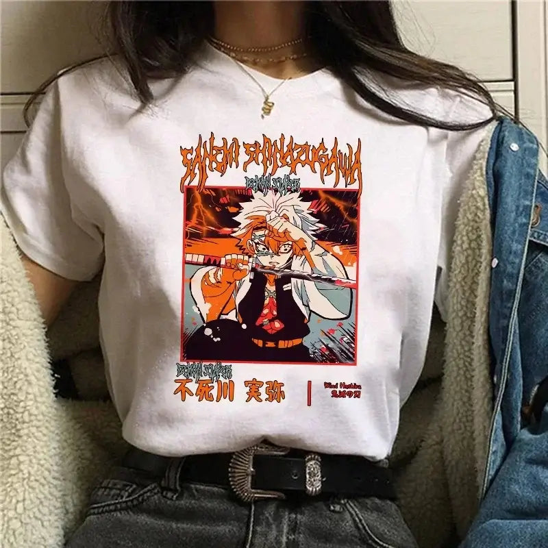 A Demon Slayer T Shirt for Women, a female Kimetsu No Yaiba graphic tee with a Nezuko and Tanjirou Kamado print.