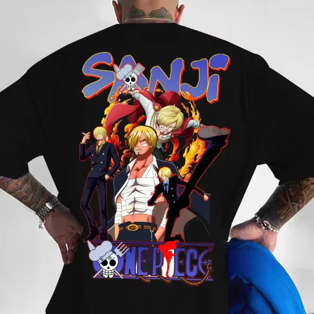 A trendy 2026 MINISO One Piece TShirt made of soft cotton, featuring a graphic print of Luffy, Zoro, and Sanji for men and women.