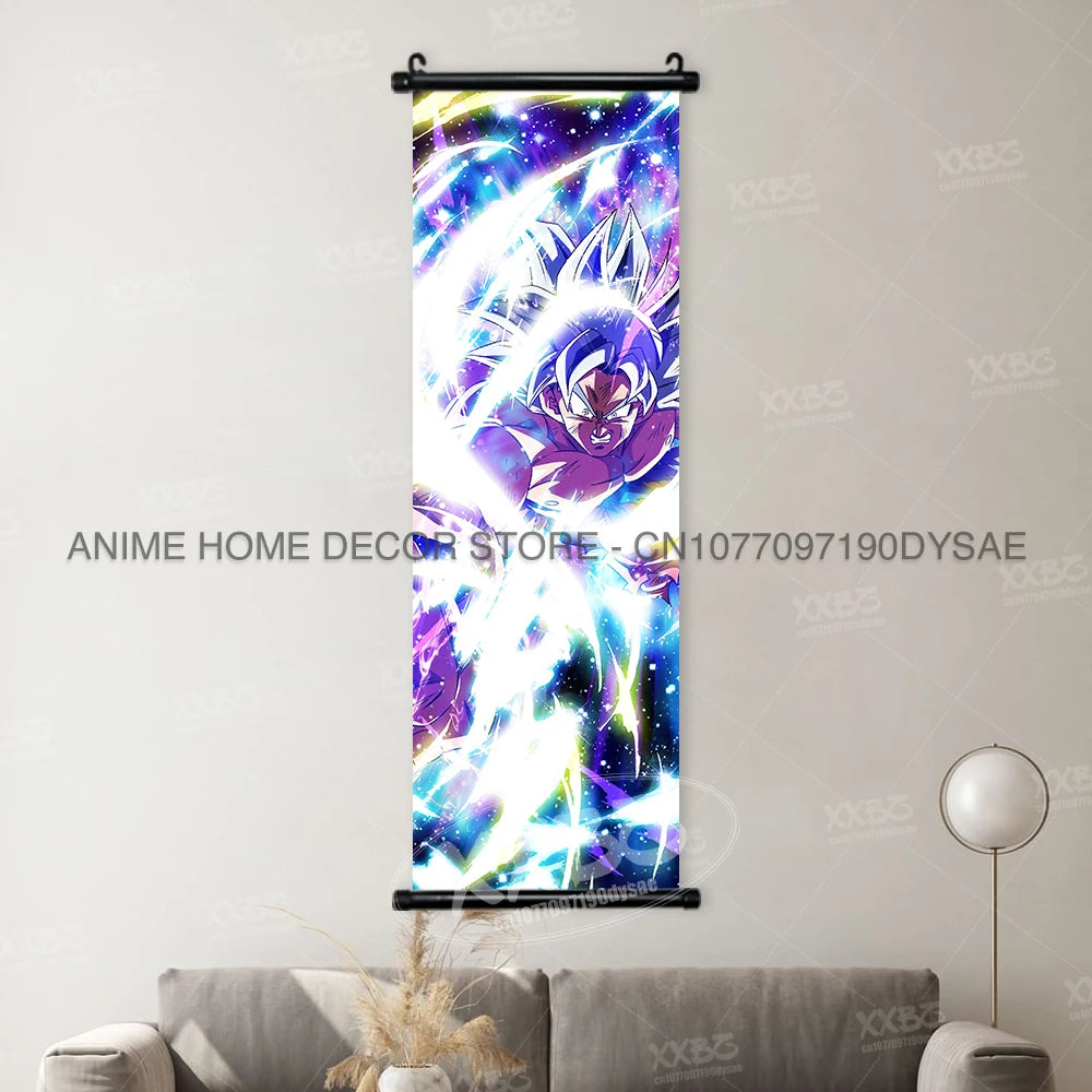 High-definition Dragon Ball Posters hanging scroll wall art featuring Son Goku, Vegeta, and Frieza printed on canvas for home decor.