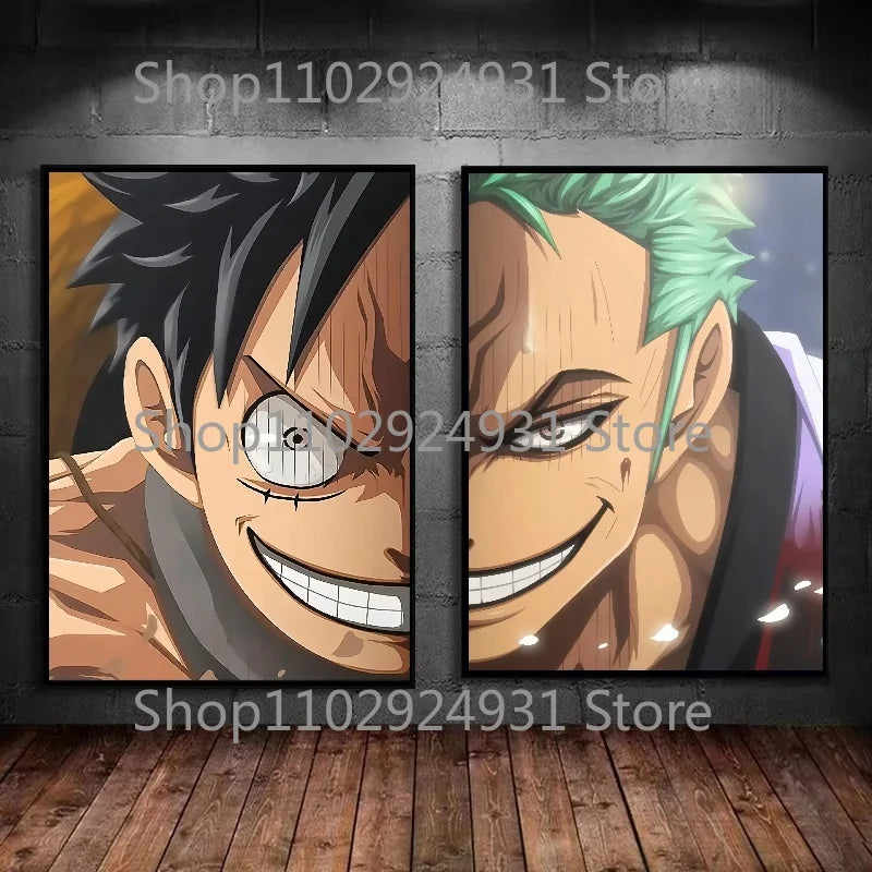 A colorful creative One Piece Luffy Zoro Poster printed on high-definition canvas, displayed as modern home wall art decoration.