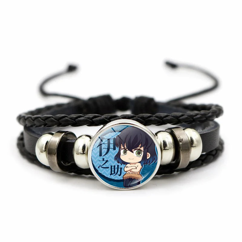 A woven leather Demon Slayer Bracelet featuring a glass art photo charm of Tanjiro Kamado and Nezuko, designed as an anime accessory for fans.