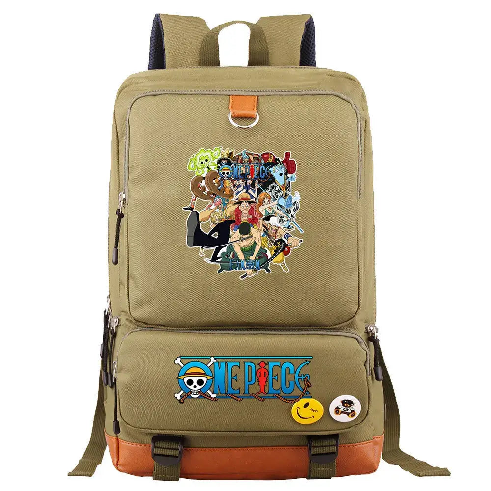 A large, unisex One Piece Luffy Printed Unisex Backpack suitable for school and travel, with compartments for a laptop and iPad.