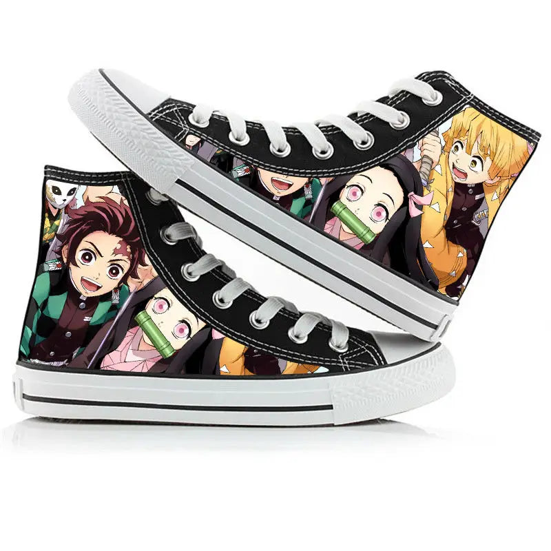 A pair of kawaii Anime Demon Slayer Canvas Shoes in a hand-painted high-top sneaker style for boys and girls.