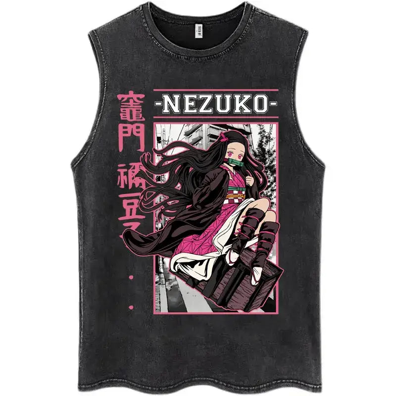 A washed retro Zenitsu Demon Slayer Tank Top featuring Agatsuma Zenitsu manga art, sleeveless cotton summer streetwear for men and women.