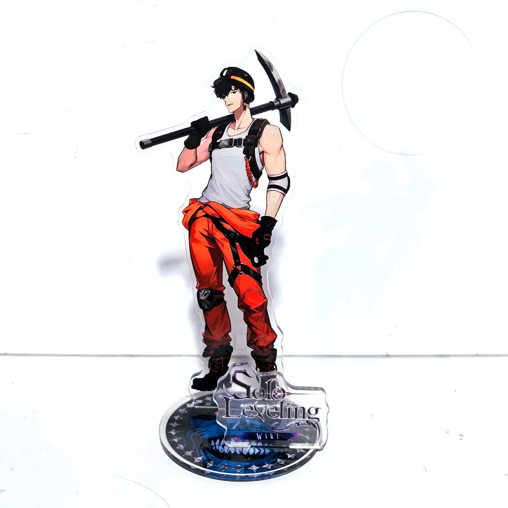 A high-definition 15cm Solo Leveling Acrylic Stand featuring Sung Jinwoo, Sung Jin Ah, and Yoo Jin Ho anime action figures for desk decoration.
