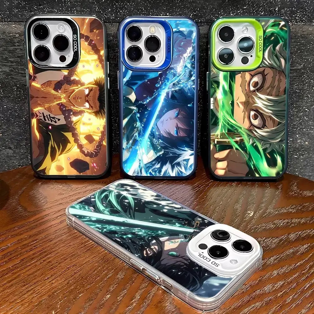 A matte black Demon Slayer Phone Case featuring cool anime character art and shockproof silicone protection for Apple iPhone 16, 15, and 14 Pro Max.