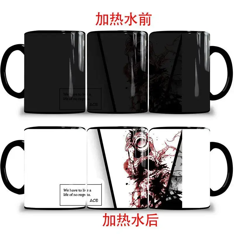A ceramic One Piece Color Changing Mug revealing Gear 5 Nika Luffy and Fire Fist Ace artwork when filled with hot liquid.