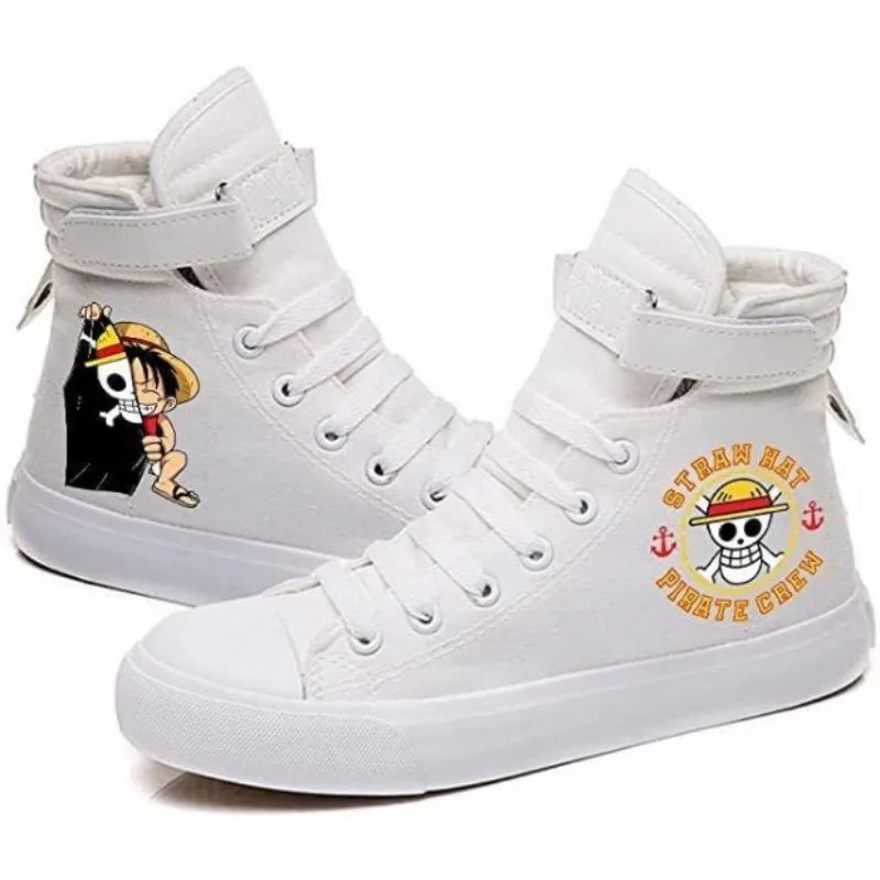 Trendy One Piece Luffy High Top Shoes featuring anime character art, designed as breathable non-slip leisure sports sneakers for students.