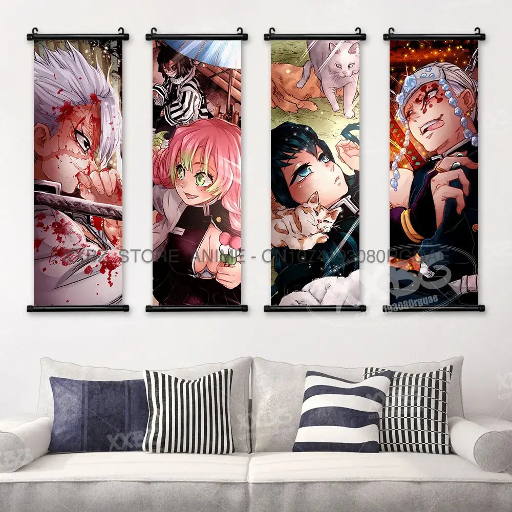 High-quality Demon Slayer Posters wall art scrolls featuring Hashira Kanroji Mitsuri, Iguro Obanai, and Tokitou Muichirou for home decor.