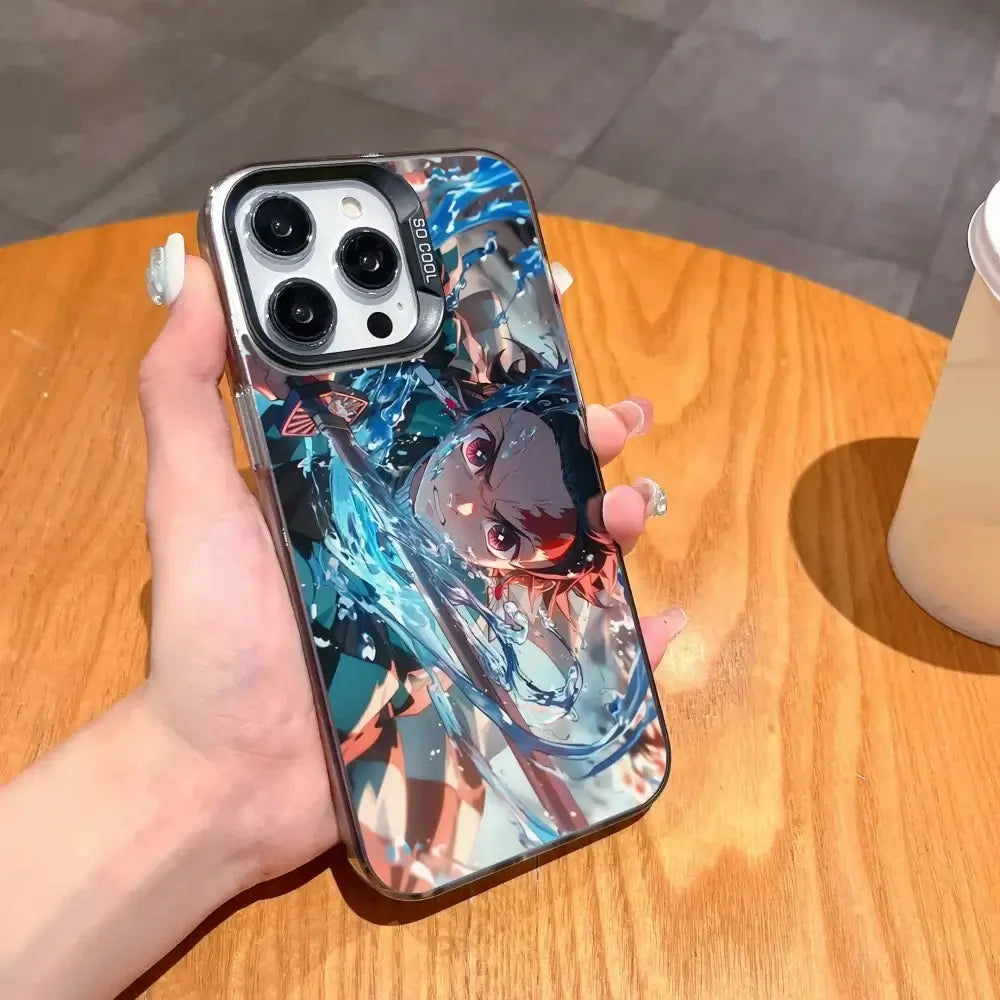 A matte black Demon Slayer Phone Case featuring cool anime character art and shockproof silicone protection for Apple iPhone 16, 15, and 14 Pro Max.
