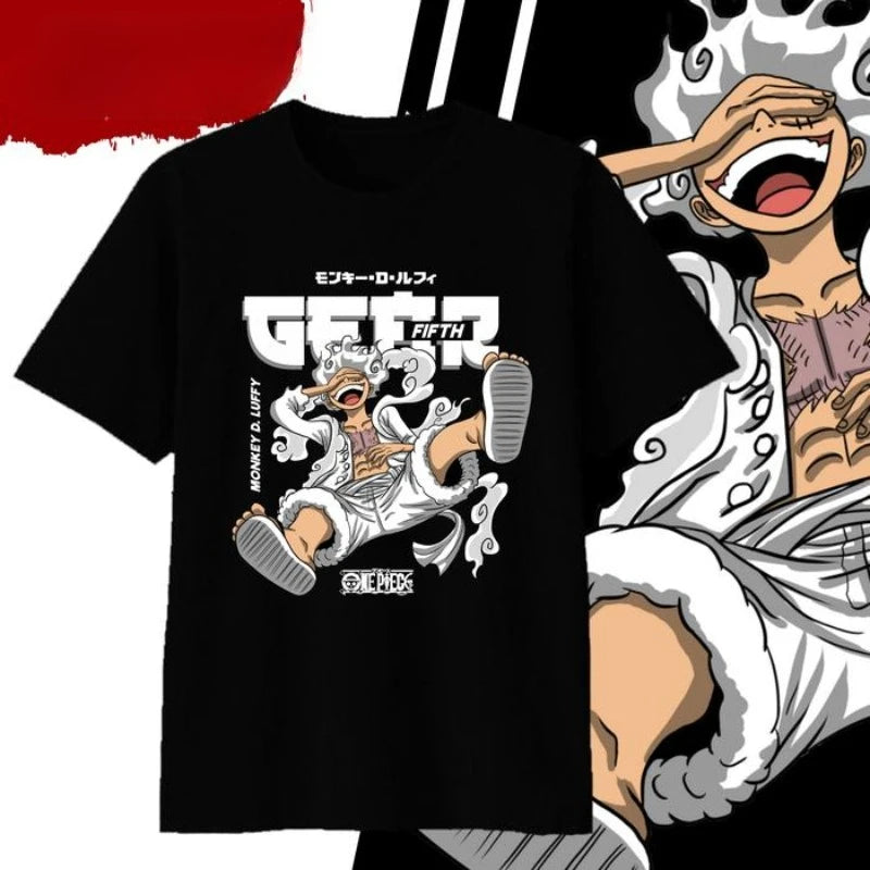A white One Piece T-Shirt with a Monkey D. Luffy Gear 5 Fifth print, available for babies, children, teens, and adults.