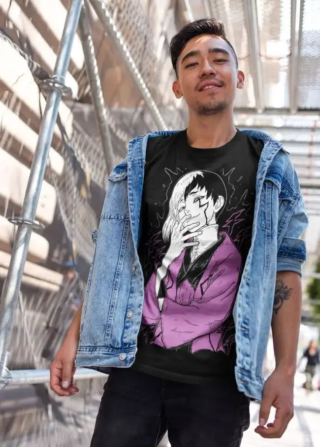 A black Gen Asagiri T-Shirt from Dr. Stone, featuring the character, a gift shirt available in all sizes.