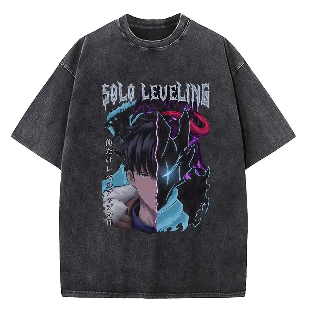 A vintage-style Solo Leveling Vintage T-shirt made of washed black cotton featuring a Sung Jinwoo graphic print, designed as Harajuku streetwear.
