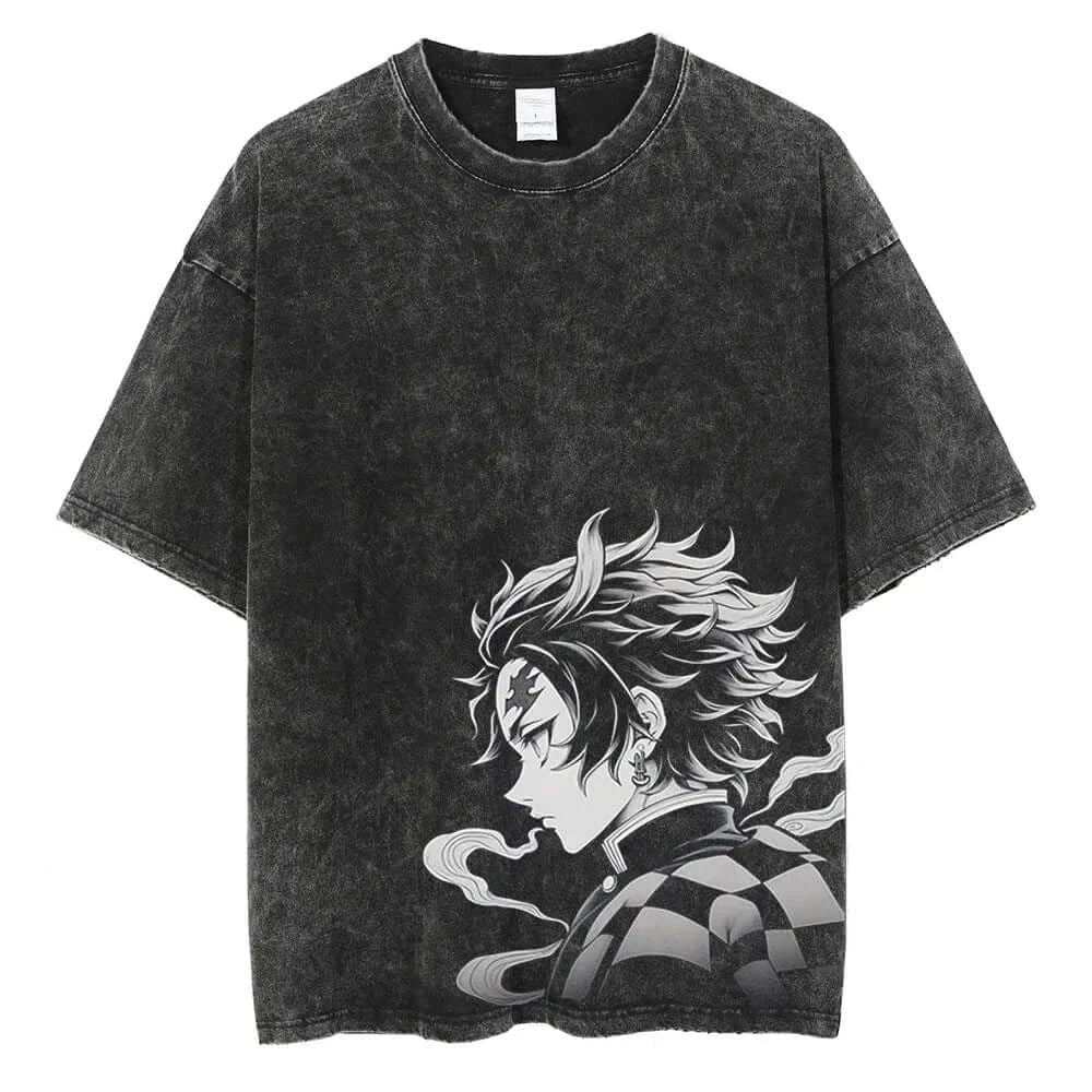 A men's vintage Demon Slayer Kamado Tanjirou Graphic Print T Shirt in a washed cotton Harajuku style.
