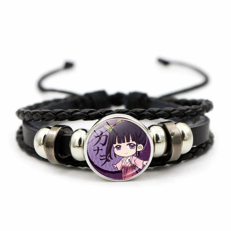 A woven leather Demon Slayer Bracelet featuring a glass art photo charm of Tanjiro Kamado and Nezuko, designed as an anime accessory for fans.