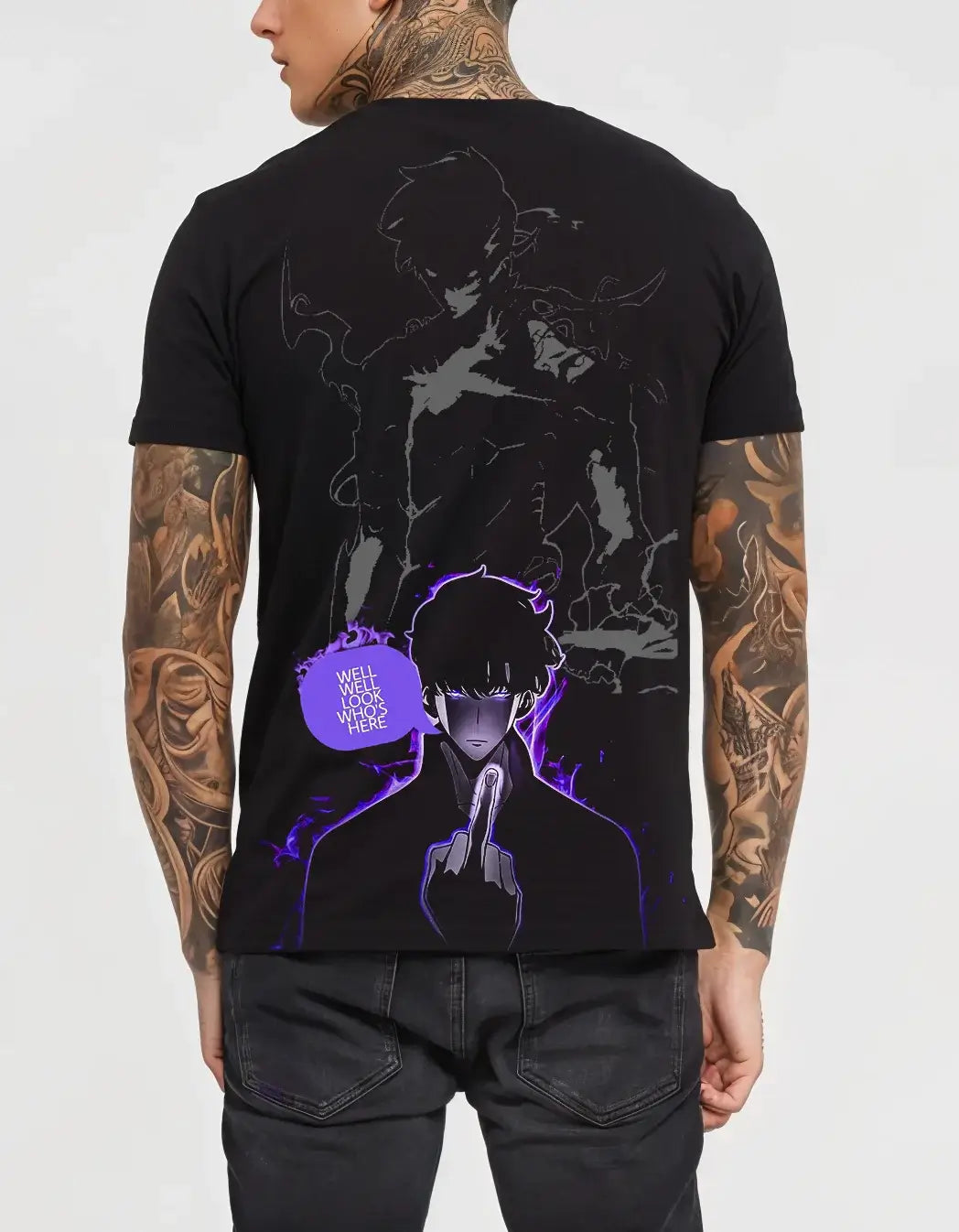 A men's Japanese Hot Amine Solo Leveling Arise Oversized Tee in a Y2K hip hop streetwear style.