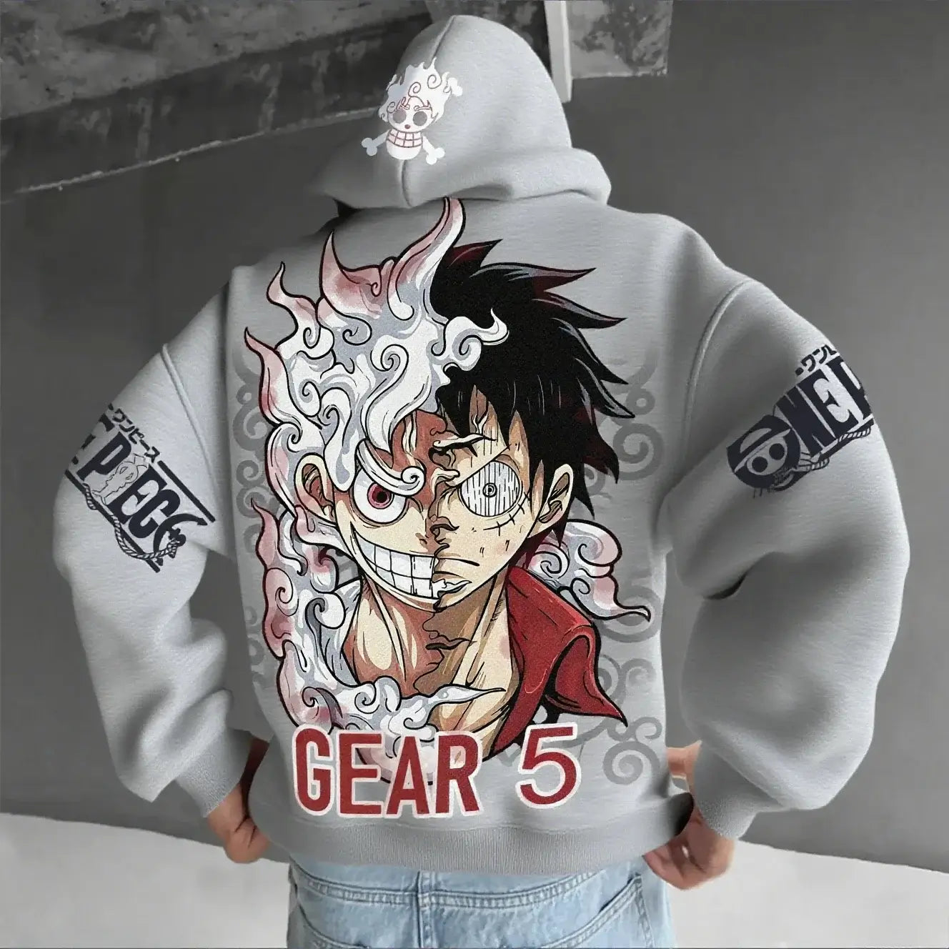 A streetwear One Piece Luffy Gear 5 Nika Anime Hoodie, a casual pullover for men and women's autumn and winter cosplay.